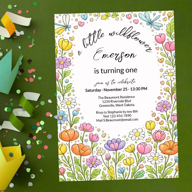 Invitación Whimsical Colorful Little Wildflower 1st Birthday  (Subido por el creador)