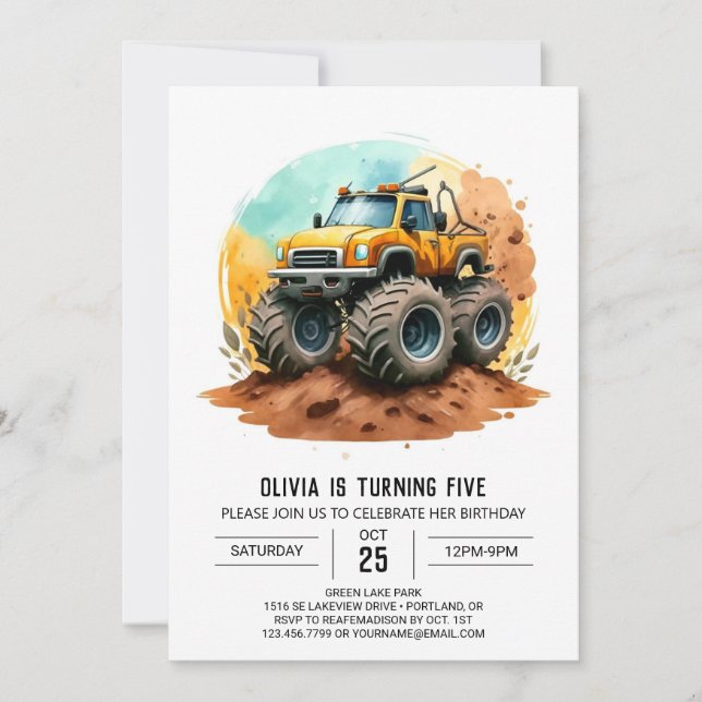 Invitación Whimsical Colorful Monster Truck Cumpleaños (Anverso)