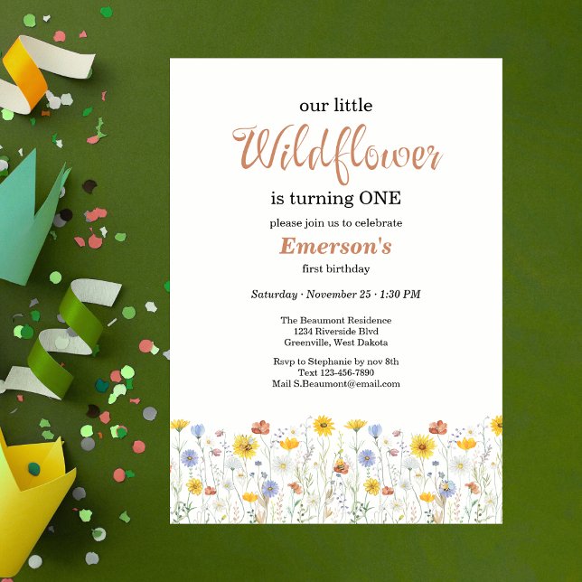 Invitación Whimsical Colorful Wildflower 1st Birthday Party (Subido por el creador)