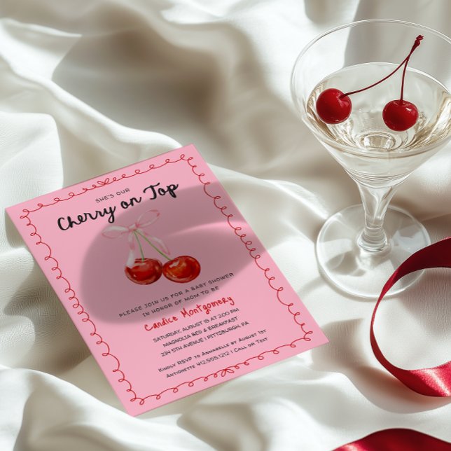 Invitación Whimsical Coquette Cherry en Baby Shower superior (Cherry on Top Whimsical Baby Shower Invitation )