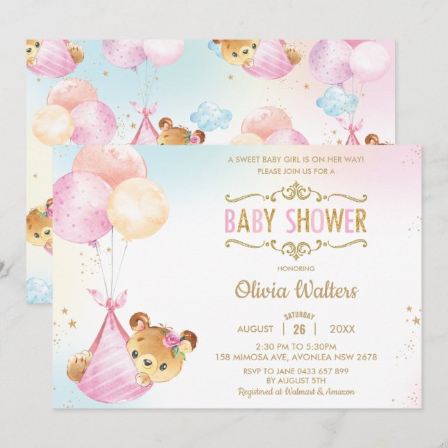 Invitación Whimsical Cute Bear Balloons Chica de Baby Shower (Anverso / Reverso)