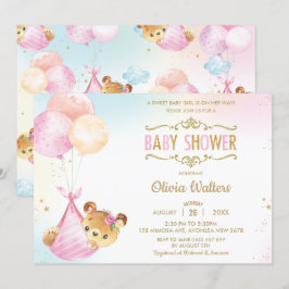 Invitación Whimsical Cute Bear Balloons Chica de Baby Shower