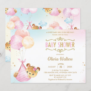 Invitación Whimsical Cute Bear Balloons Chica de Baby Shower