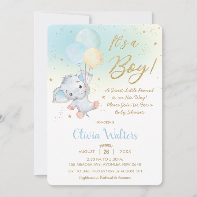 Invitación Whimsical Cute Elephant Balloons Baby Shower Boy (Anverso)