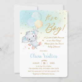 Invitación Whimsical Cute Elephant Balloons Baby Shower Boy