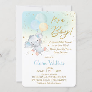 Invitación Whimsical Cute Elephant Balloons Baby Shower Boy