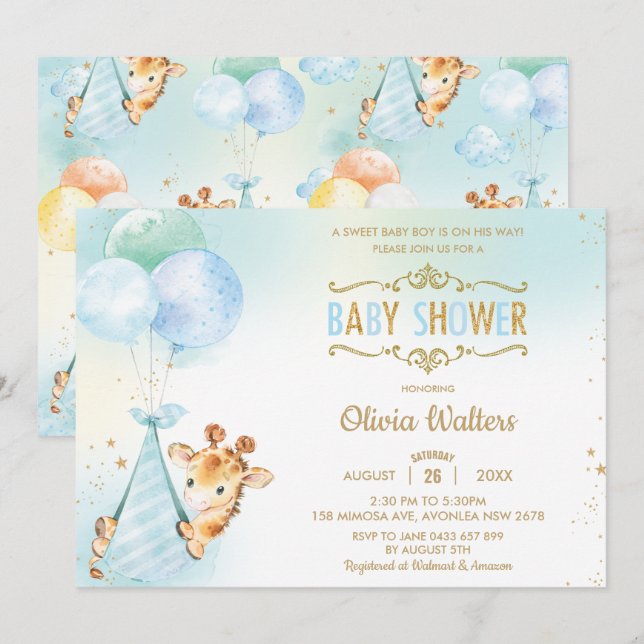 Invitación Whimsical Cute Giraffe Globos Baby Shower Boy (Anverso / Reverso)