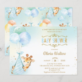 Invitación Whimsical Cute Giraffe Globos Baby Shower Boy