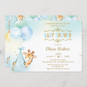 Invitación Whimsical Cute Giraffe Globos Baby Shower Boy