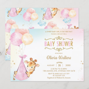 Invitación Whimsical Cute Giraffe Globos Chica Baby Shower I