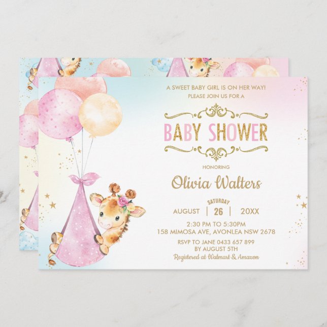 Invitación Whimsical Cute Giraffe Globos Chica de Baby Shower (Anverso / Reverso)