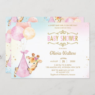 Invitación Whimsical Cute Giraffe Globos Chica de Baby Shower