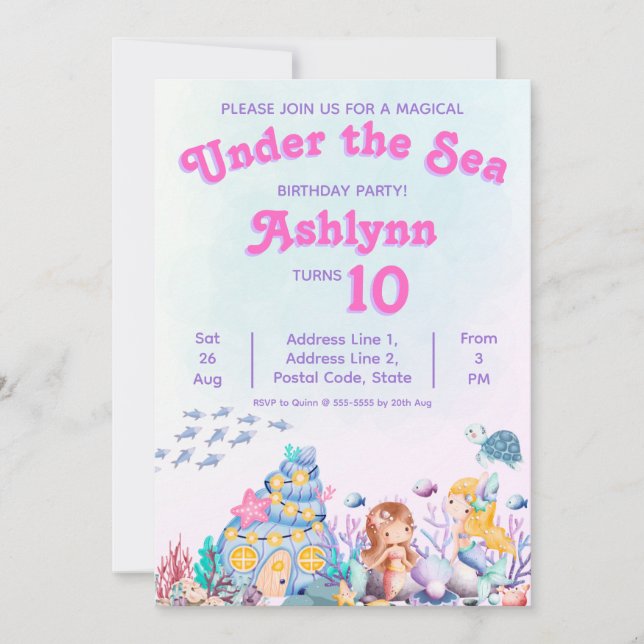 Invitación Whimsical Cute Girl Under the Sea Mermaid Birthday (Anverso)