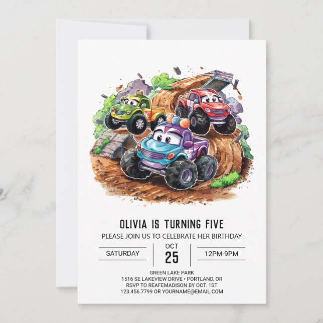 Invitación Whimsical Cute Monster Truck Cumpleaños (Anverso)