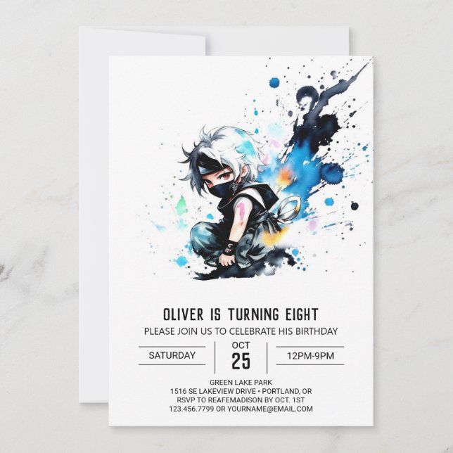 Invitación Whimsical Cute Ninja Boy Nacimiento Digital (Anverso)