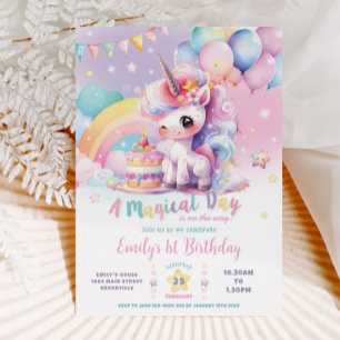 Invitación Whimsical Cute Rainbow Unicornio cumpleaños mágico