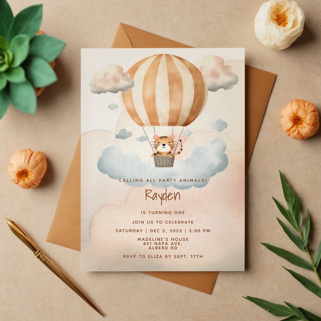 Invitación Whimsical Cute Tiger Globo de aire caliente 1º cum (Subido por el creador)