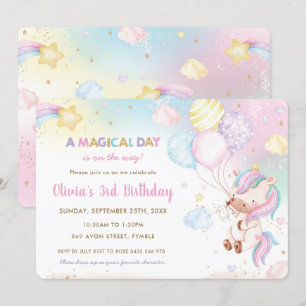 Invitación Whimsical Cute Unicornio globos en arco iris cumpl