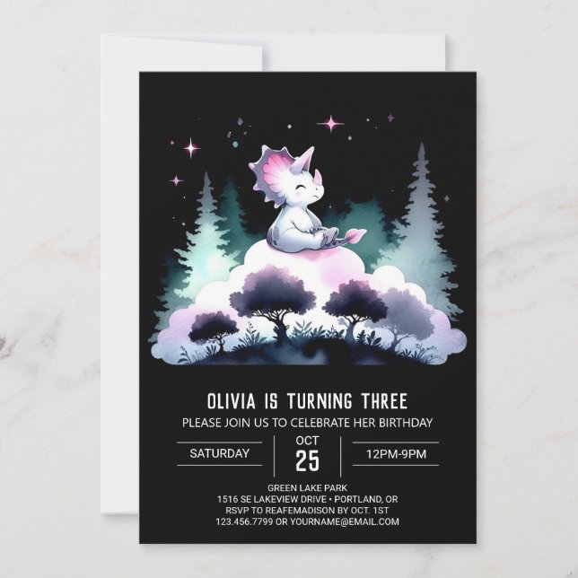 Invitación Whimsical Dino Triceratops Cumpleaños (Anverso)
