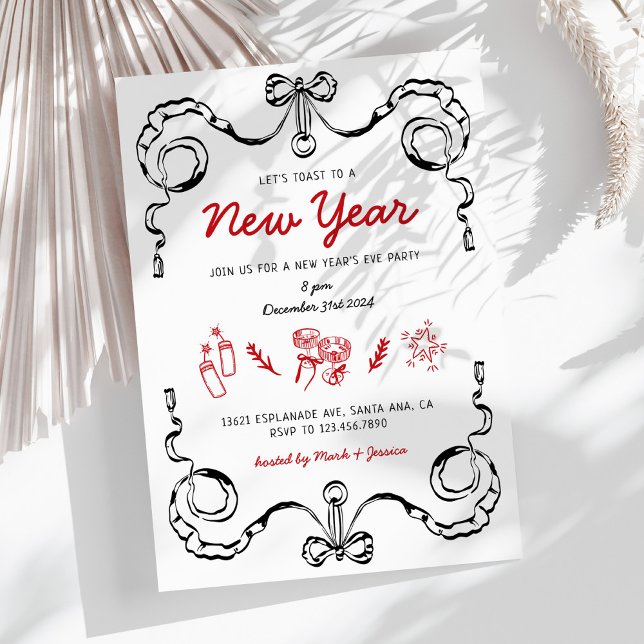 Invitación Whimsical Doodle Black and Red New Year Fiesta (Subido por el creador)