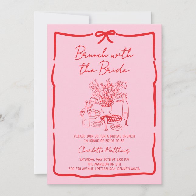 Invitación Whimsical Doodle Brunch with the Bride Red Pink  (Anverso)