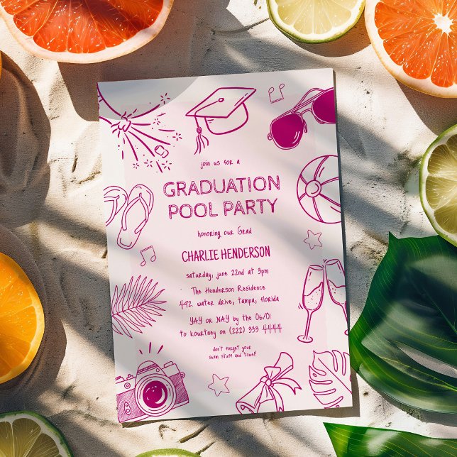 Invitación Whimsical Doodle Graduation Pool Party  (Subido por el creador)