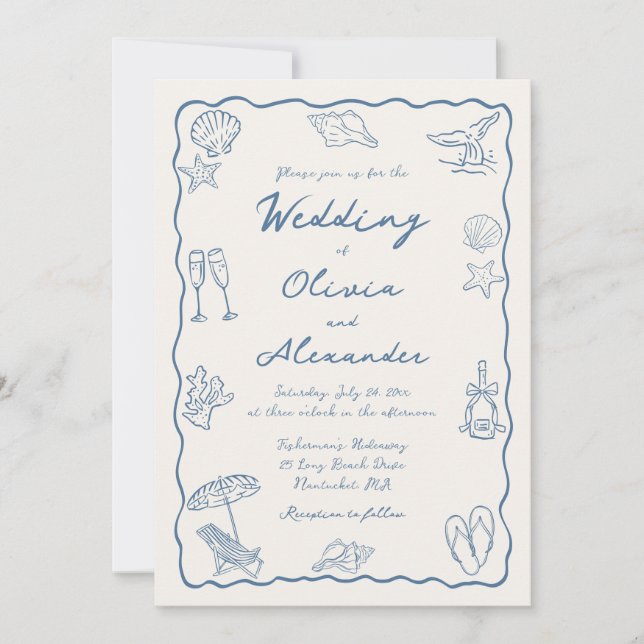 Invitación Whimsical Doodle Hand Drawn Coastal Beach Wedding (Anverso)