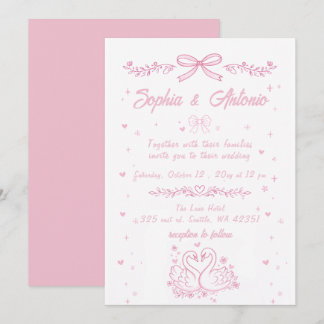 Invitación Whimsical Doodle Hand Drawn Pink Swans Wedding