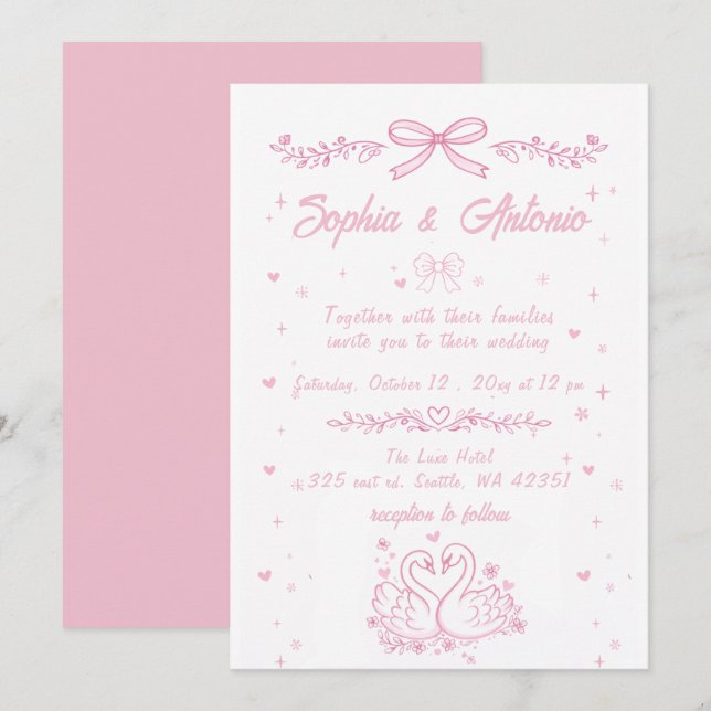 Invitación Whimsical Doodle Hand Drawn Pink Swans Wedding (Anverso / Reverso)