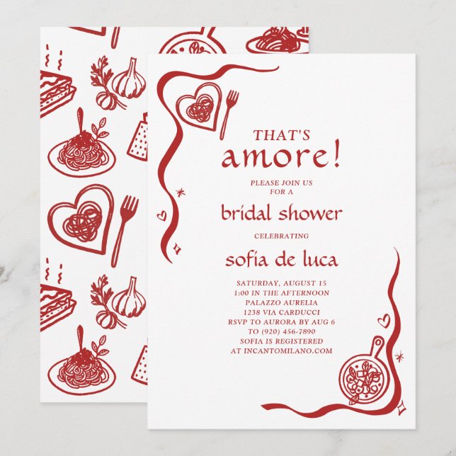 Invitación Whimsical Doodle Italian Pasta Bridal Shower (Anverso / Reverso)