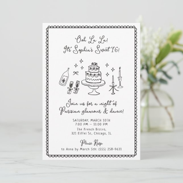 Invitación Whimsical, dranw de mano, dulce 16, fiesta de cump (Anverso de pie)