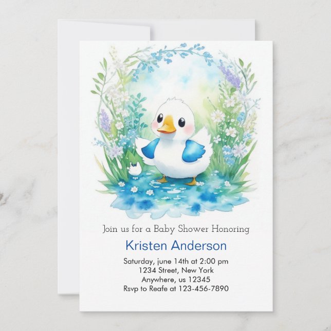 Invitación Whimsical Duckling Blue Floral Boy Baby Shower (Anverso)