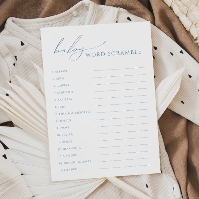 Invitación Whimsical Dusty Blue Baby Word Scramble Card (Subido por el creador)