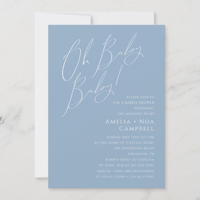 Invitación Whimsical Dusty Blue Oh Baby Baby! Joint Shower (Anverso)