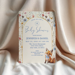 Invitación Whimsical Dusty Blue Woodland Fox Baby Shower