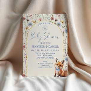 Invitación Whimsical Dusty Blue Woodland Fox Baby Shower