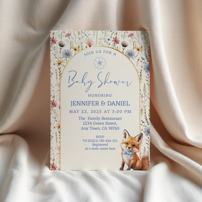 Invitación Whimsical Dusty Blue Woodland Fox Baby Shower (Subido por el creador)