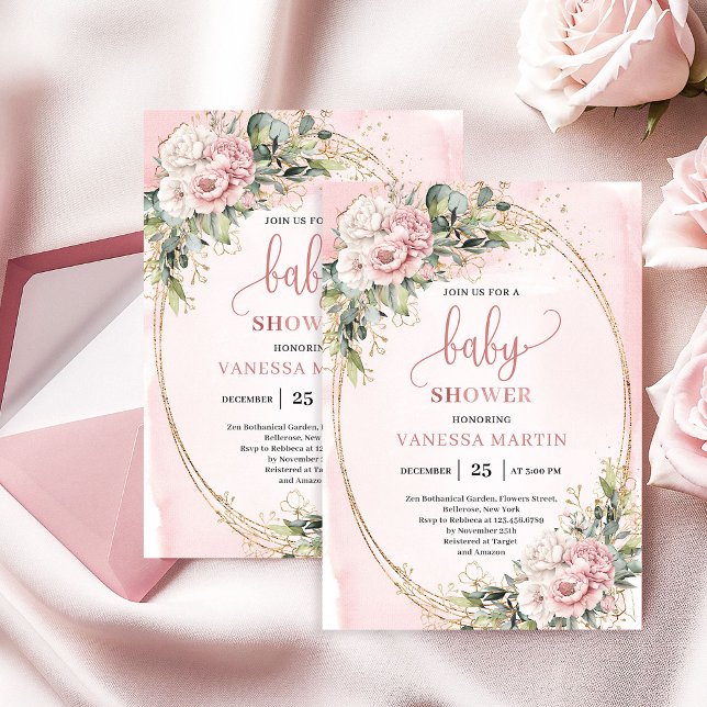 Invitación Whimsical Dusty Pink Flowers Eucalyptus Baby Showe (Whimsical Dusty Pink Flowers Eucalyptus Baby Shower)