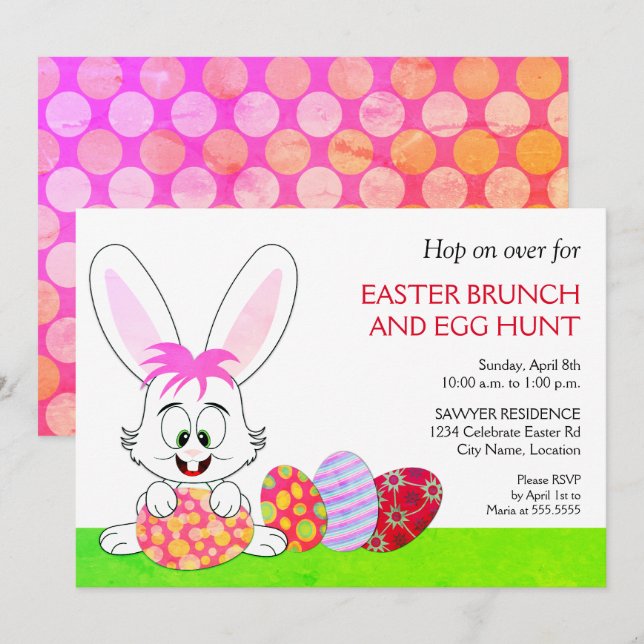 Invitación Whimsical Easter Bunny y Fiesta de Huevos (Anverso / Reverso)