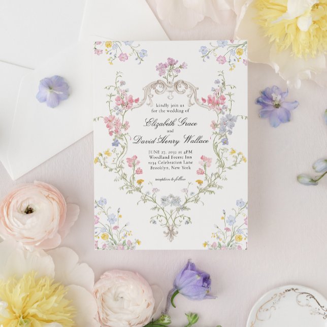 Invitación Whimsical Elegant Rococo Floral Crest Wedding (Subido por el creador)