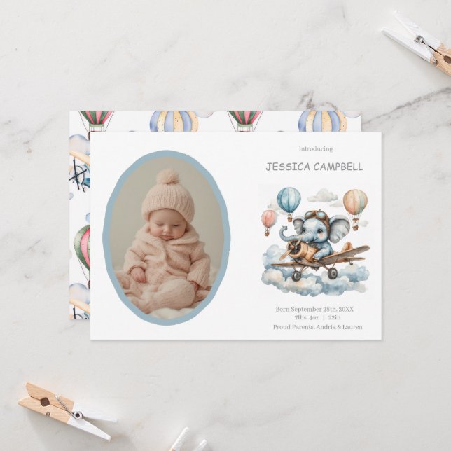 Invitación Whimsical Elephant Flying Baby Birth  Announcement (Anverso/Reverso In Situ)