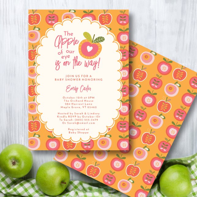 Invitación Whimsical Fall Apple de nuestro ojo rosa moderno (Subido por el creador)