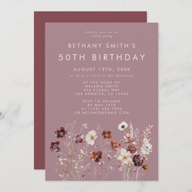 Invitación Whimsical Fall Mauve Birday Party (Anverso / Reverso)