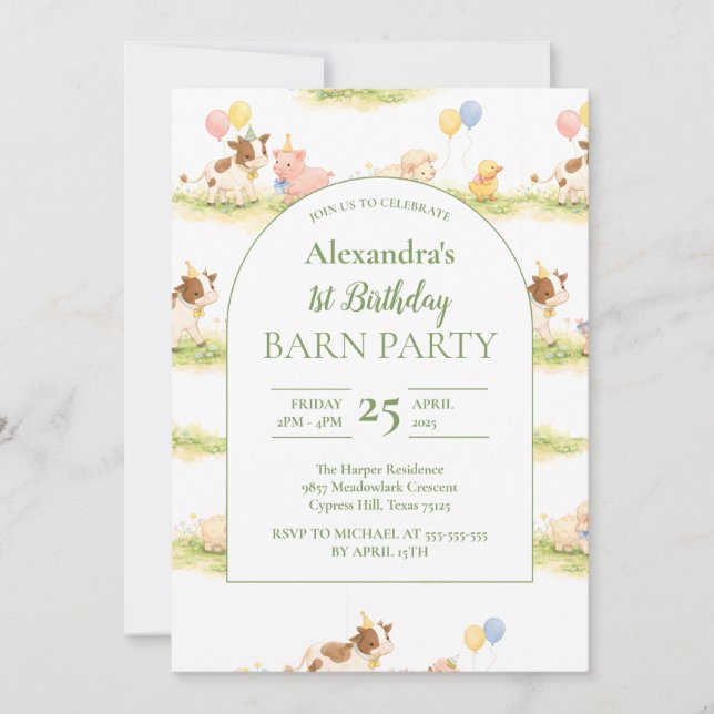 Invitación Whimsical Farm Animals Pastel 1st Birthday (Anverso)
