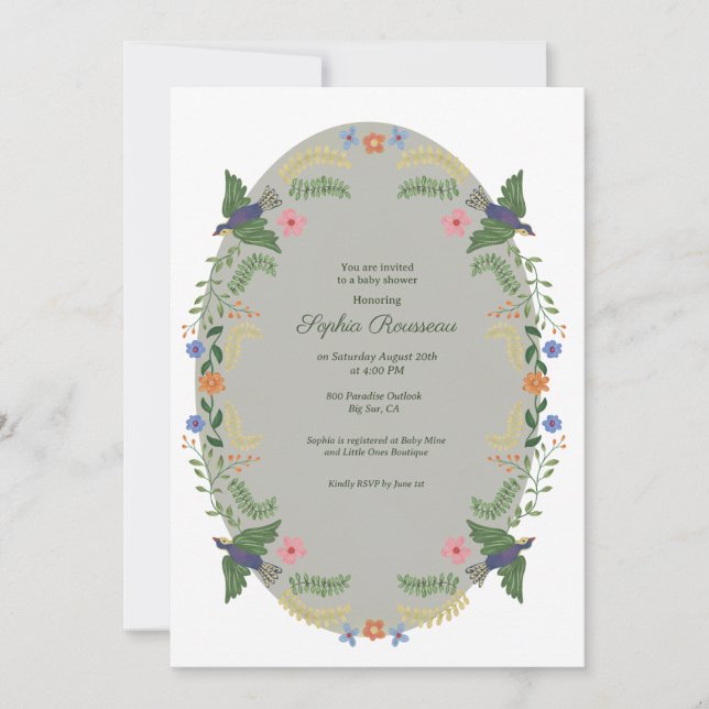 Invitación Whimsical Floral Birds Baby Shower (Anverso)