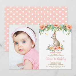 Invitación Whimsical Floral Bunny Rabbit 1er cumpleaños foto