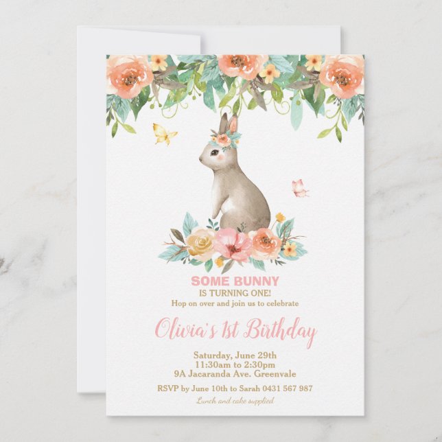 Invitación Whimsical Floral Conejo Conejo Conejo de Nacimient (Anverso)