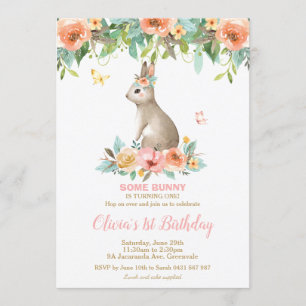 Invitación Whimsical Floral Conejo Conejo de Nacimiento 1er F