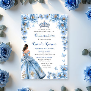 Invitación Whimsical Floral Dusty Azul Tiara Quinceañera