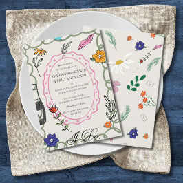 Invitación Whimsical Floral Folk Art Wedding Hand Drawn